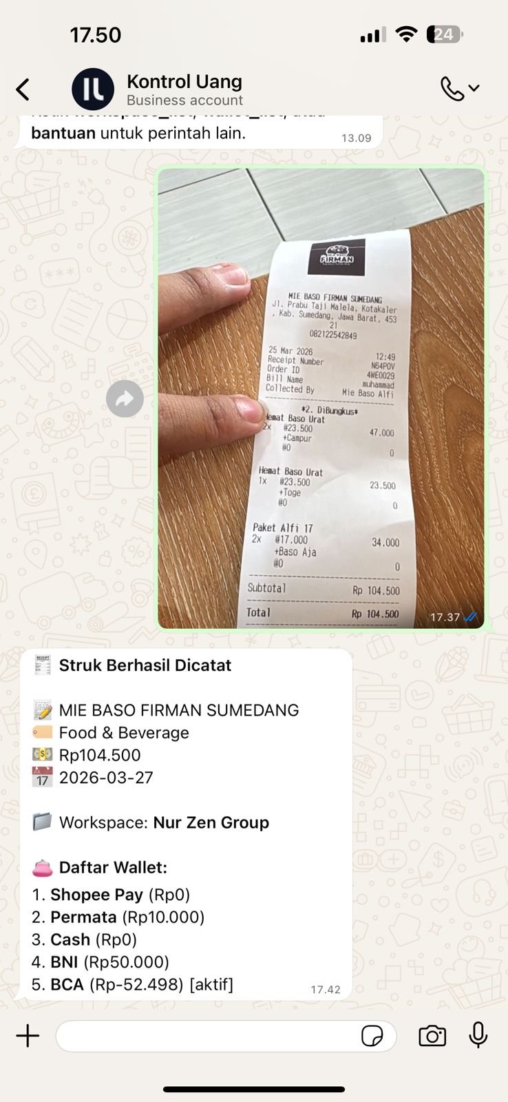 WhatsApp chat example for receipt transaction scanning