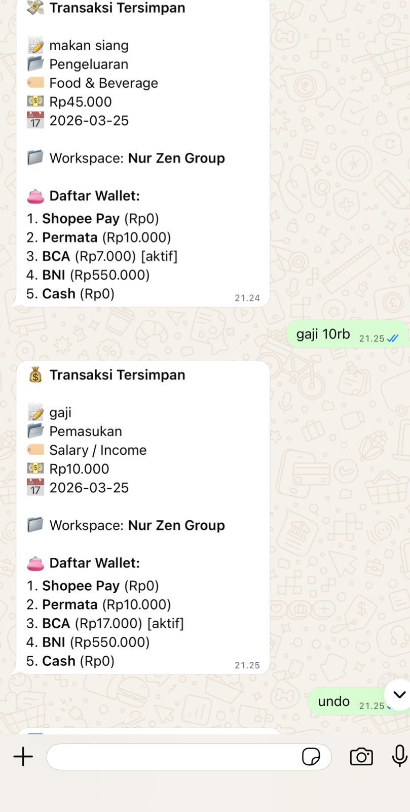 WhatsApp chat example for manual transaction logging